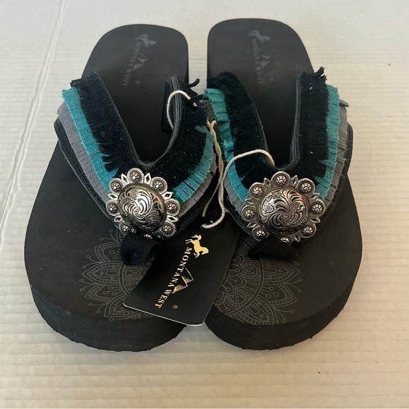 Montana West MANDALA CROSS CONCHO FRINGE WEDGE WESTERN FLIP-FLOP Sz 11 🍒 - Picture 3 of 11